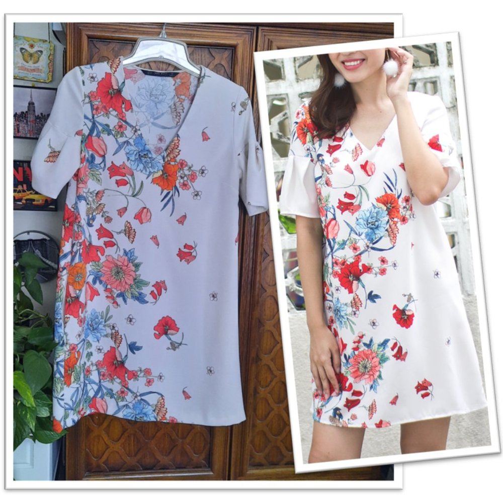 ZARA Floral Print Flutter Sleeve Shift Tunic Dress - Size XS